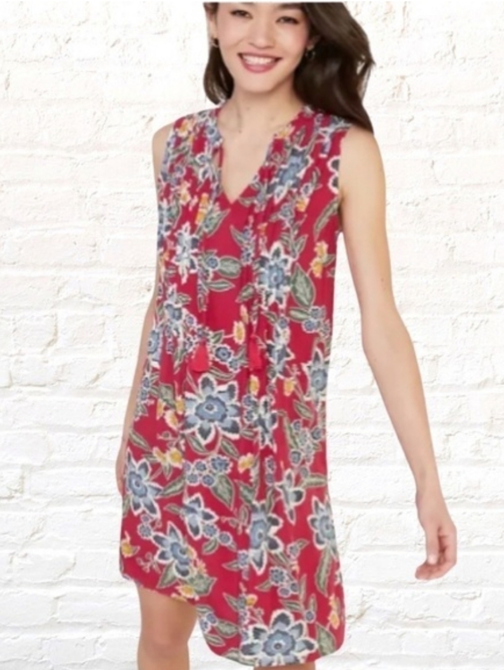 Old Navy Red Floral Tassel Tie Sleeveless Shift Dress Boho Americana Cottage S